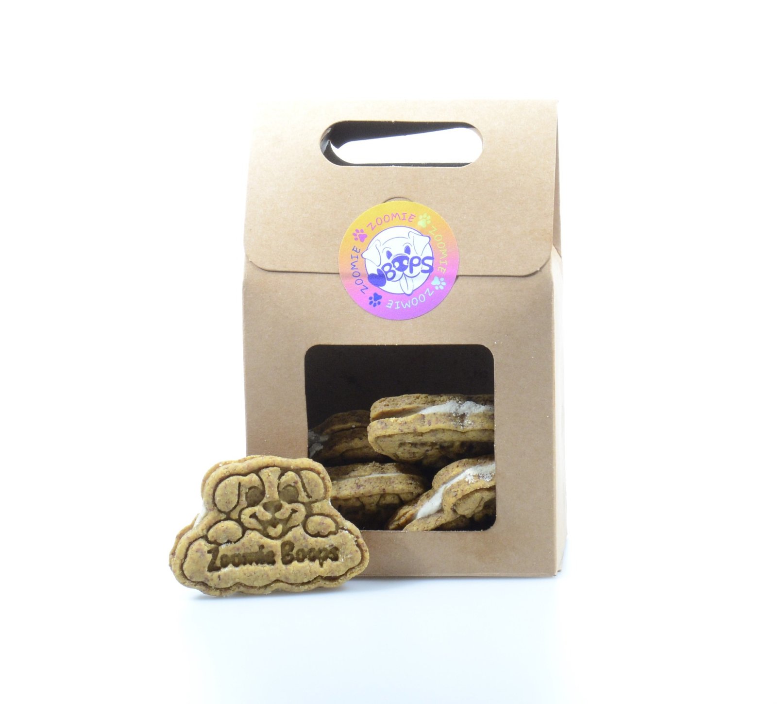 Zoomie Boops treats displayed in branded packaging