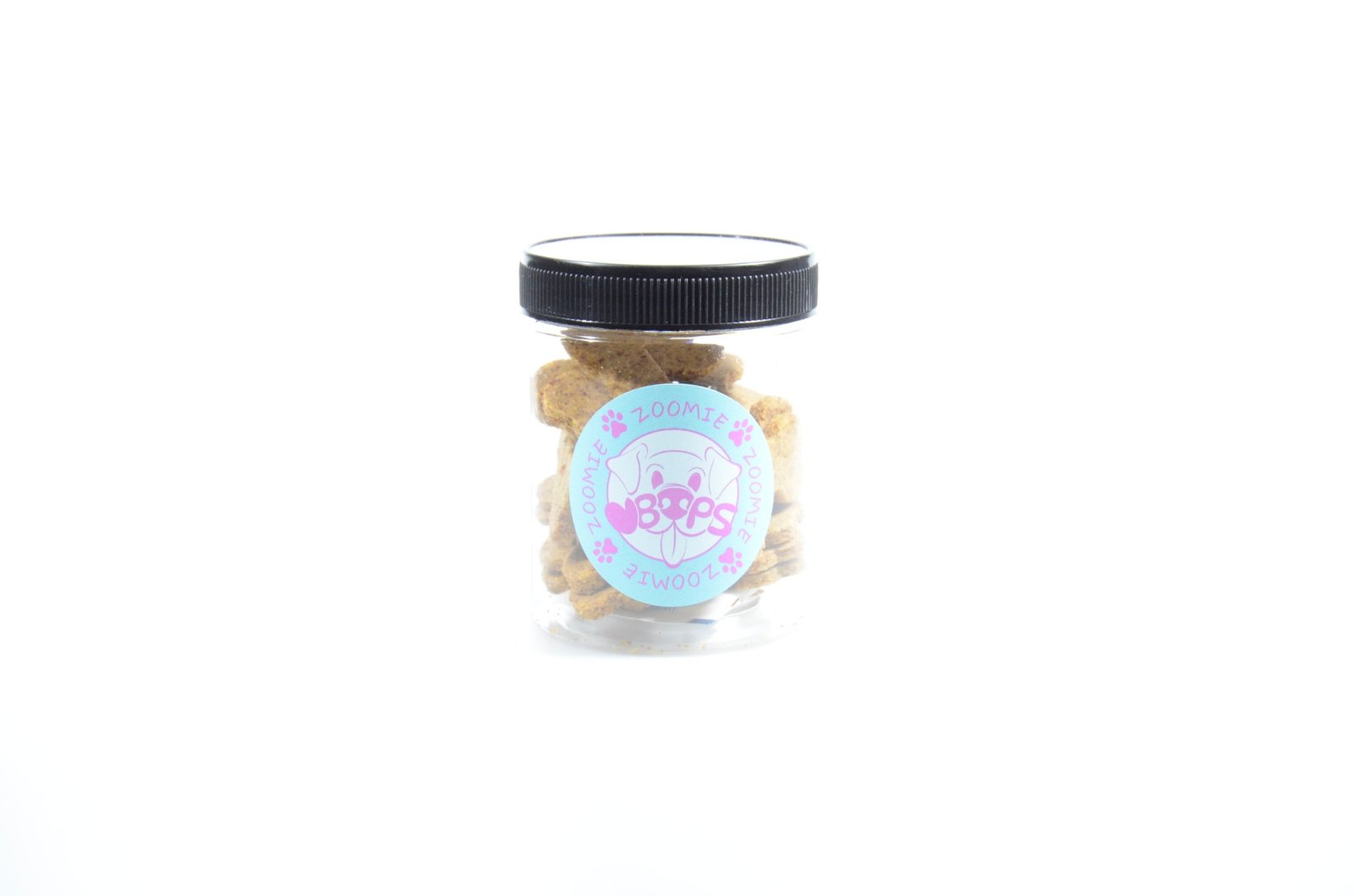 Jar of Zoomie Boops dog treats with a blue and pink label